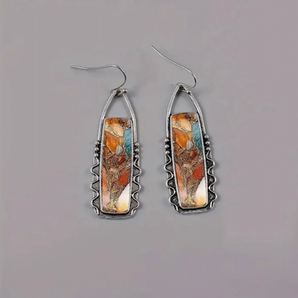 Silver Multicolor Dangle Earrings Orange Blue Cream Lightweight Statement Gift - Picture 4 of 4